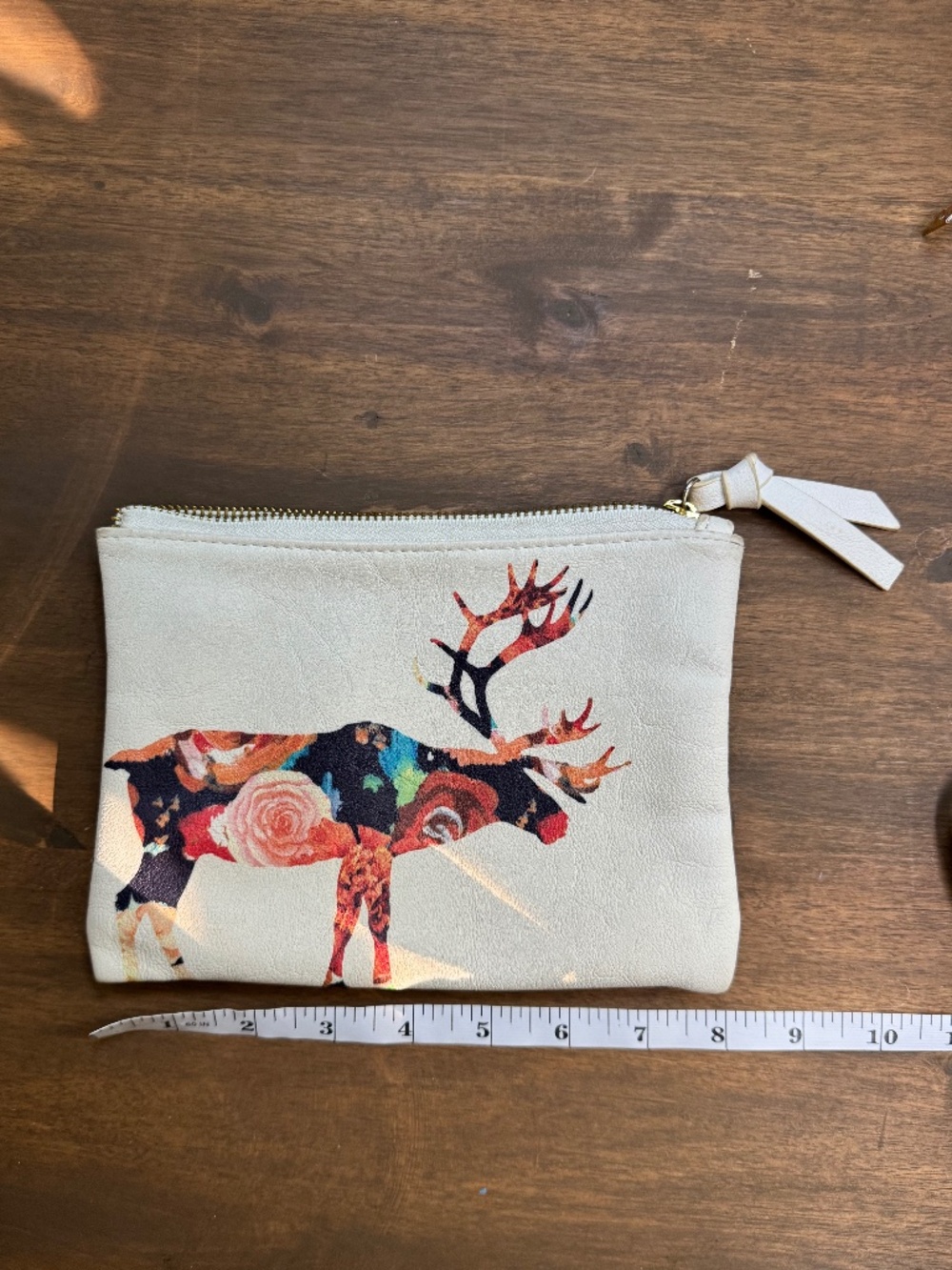 Floral Deer Zip Pouch Clutch Ivory Navy Faux Leather Gold Zipper